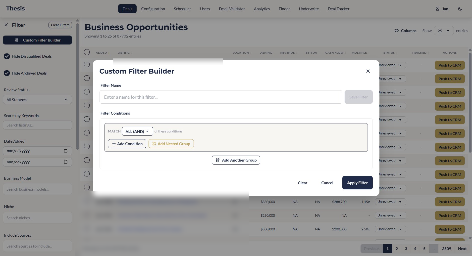 Custom Filter Builder with nested groups and multi-condition logic