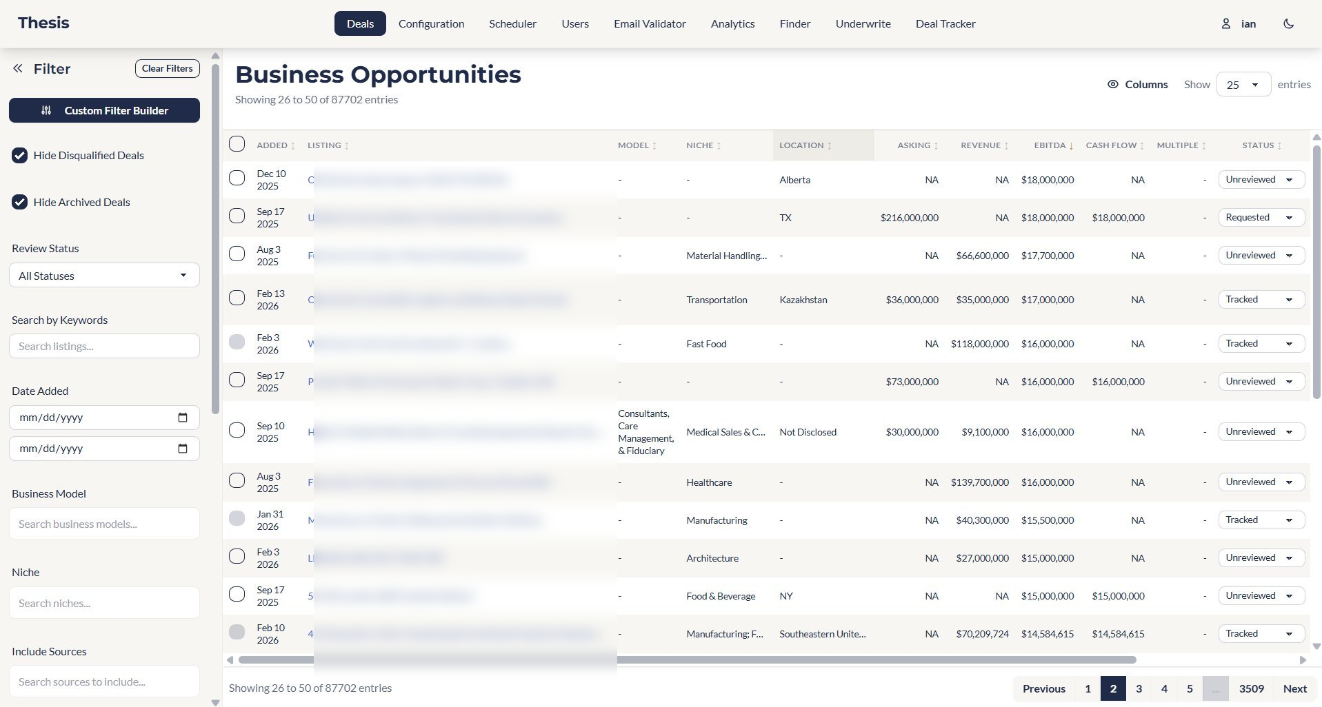 The Thesis Deal Platform dashboard showing 87,702 live business opportunities