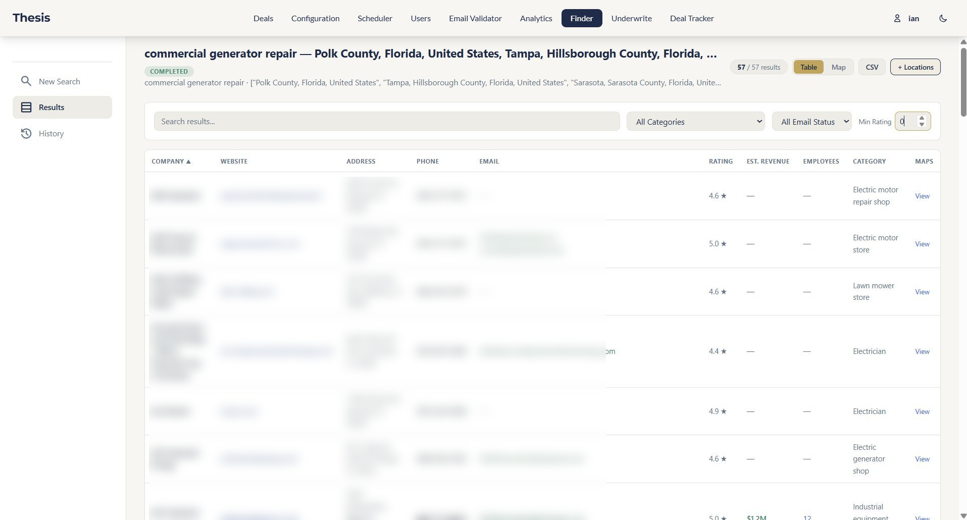Finder results table with enriched company data including ratings and categories
